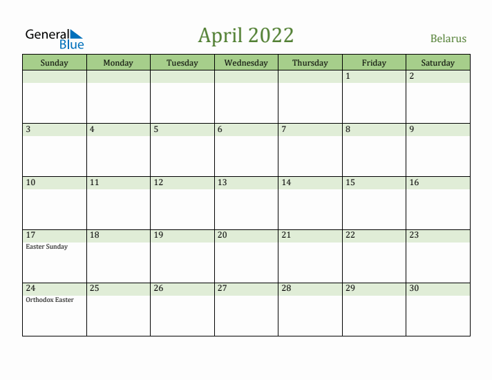 April 2022 Calendar with Belarus Holidays