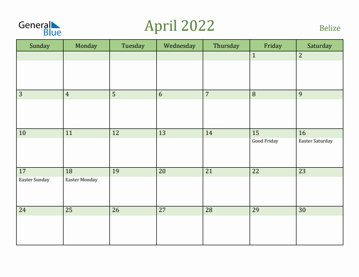 April 2022 Calendar with Belize Holidays