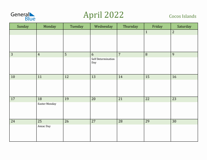 April 2022 Calendar with Cocos Islands Holidays