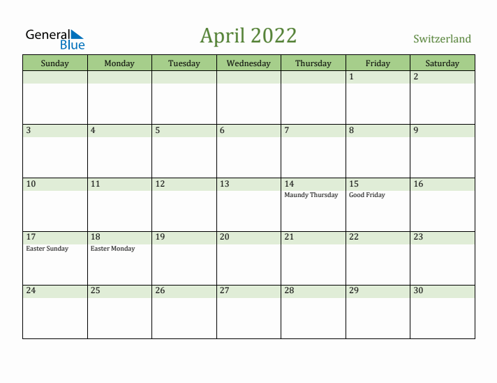 April 2022 Calendar with Switzerland Holidays