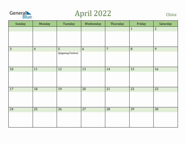 April 2022 Calendar with China Holidays