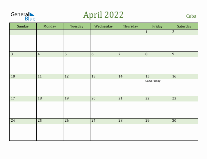April 2022 Calendar with Cuba Holidays