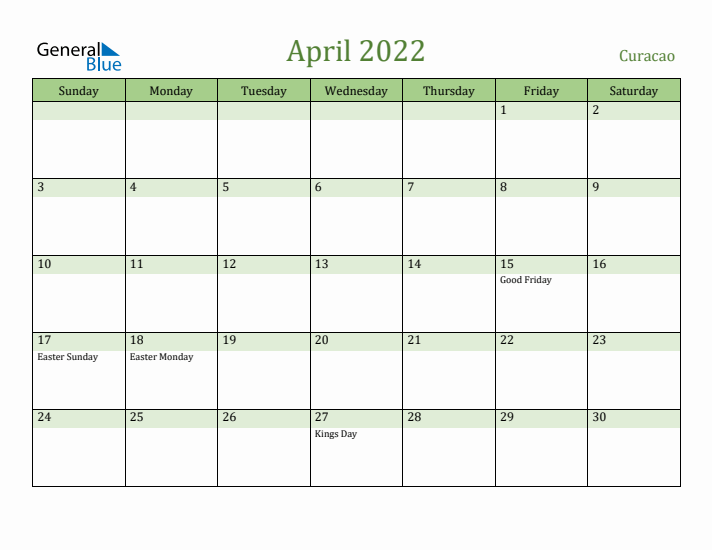 April 2022 Calendar with Curacao Holidays