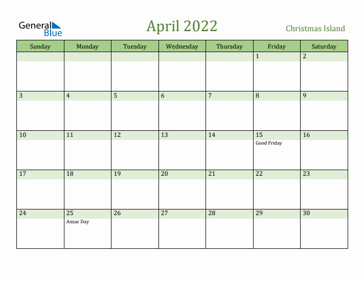 April 2022 Calendar with Christmas Island Holidays