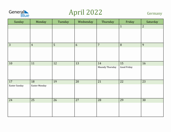 April 2022 Calendar with Germany Holidays