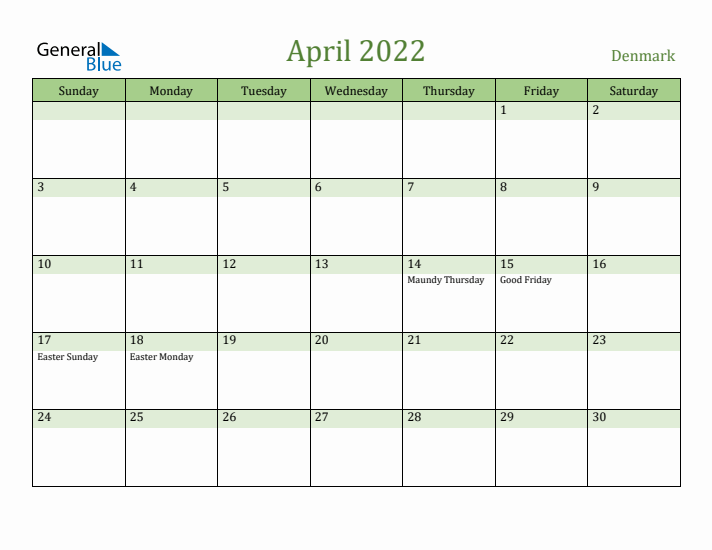 April 2022 Calendar with Denmark Holidays