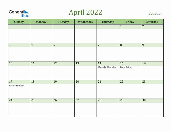 April 2022 Calendar with Ecuador Holidays