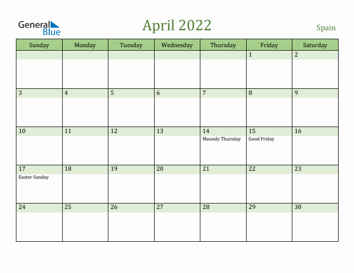 April 2022 Calendar with Spain Holidays
