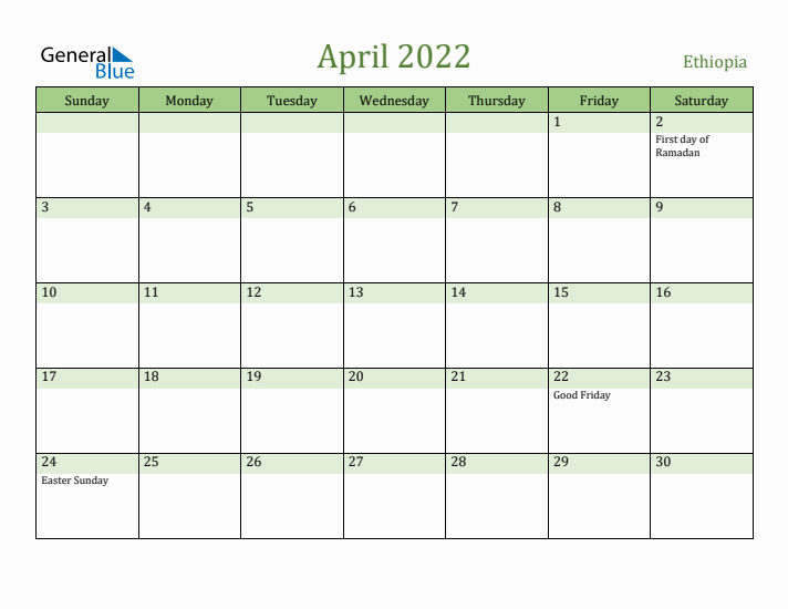 April 2022 Calendar with Ethiopia Holidays