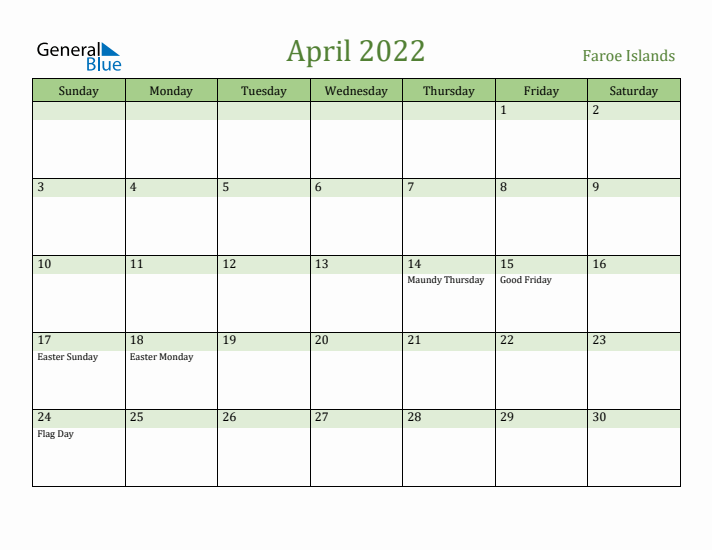 April 2022 Calendar with Faroe Islands Holidays