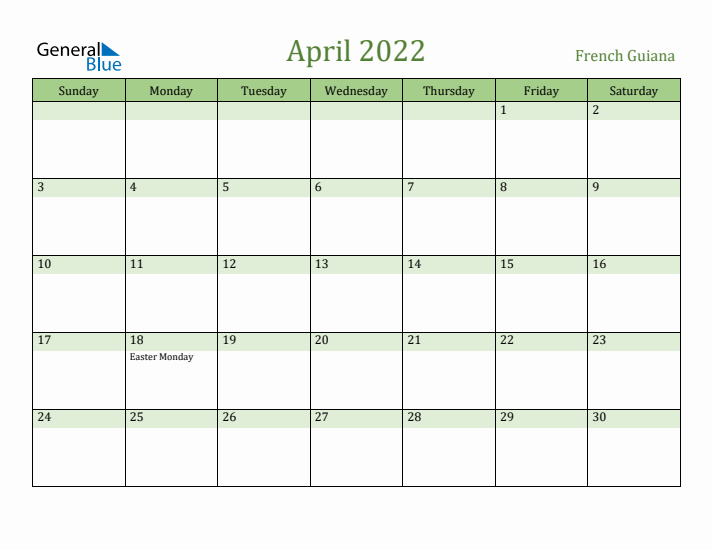 April 2022 Calendar with French Guiana Holidays