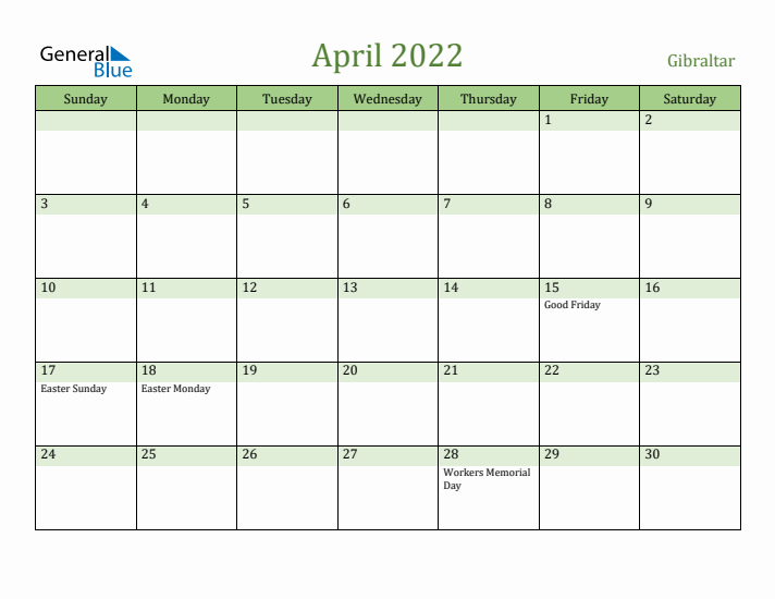 April 2022 Calendar with Gibraltar Holidays