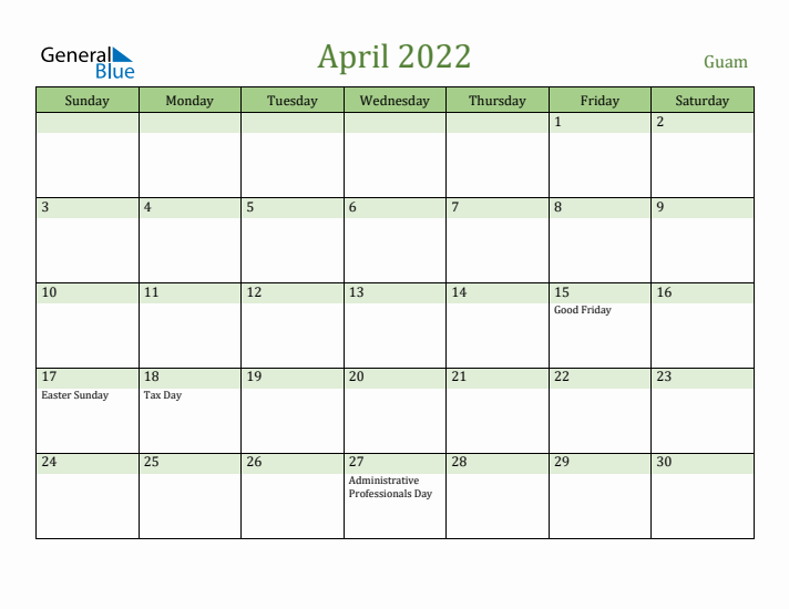 April 2022 Calendar with Guam Holidays