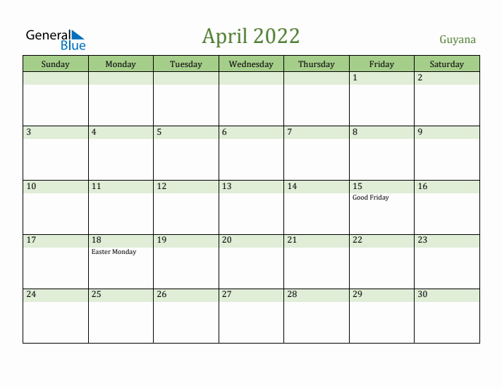April 2022 Calendar with Guyana Holidays
