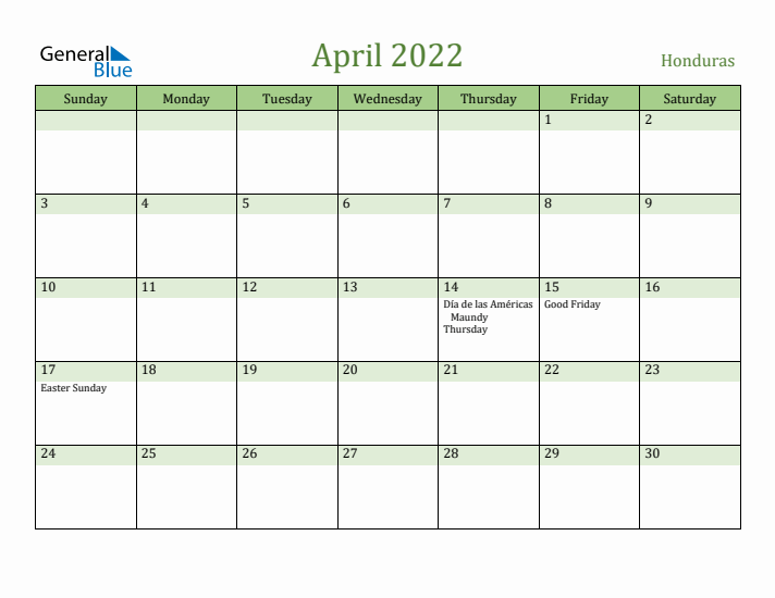 April 2022 Calendar with Honduras Holidays