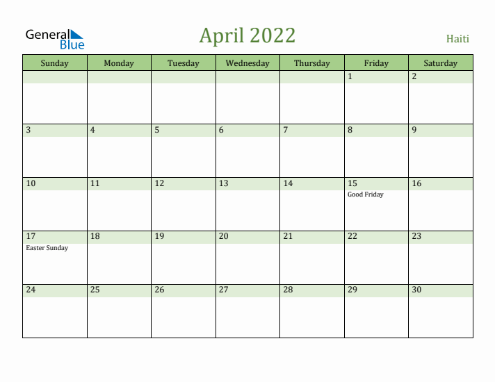 April 2022 Calendar with Haiti Holidays