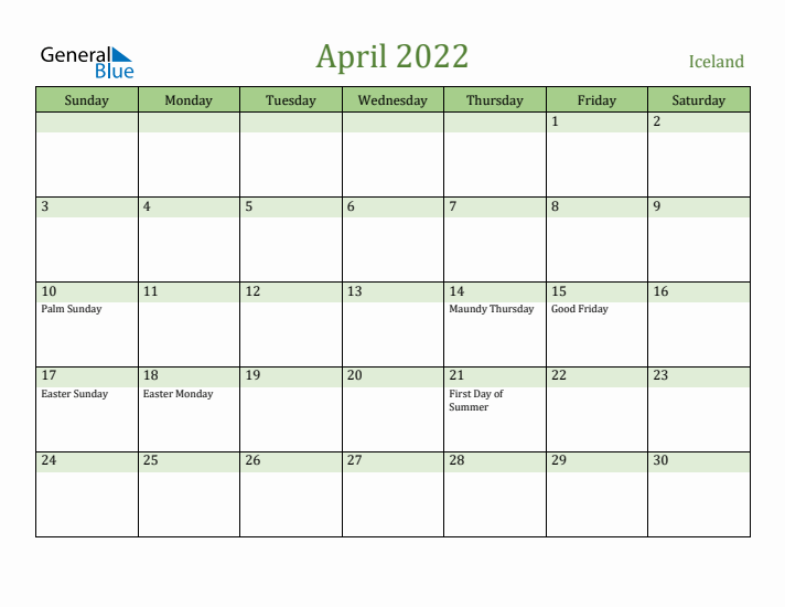 April 2022 Calendar with Iceland Holidays