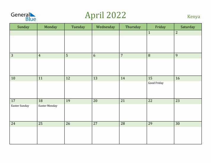 April 2022 Calendar with Kenya Holidays