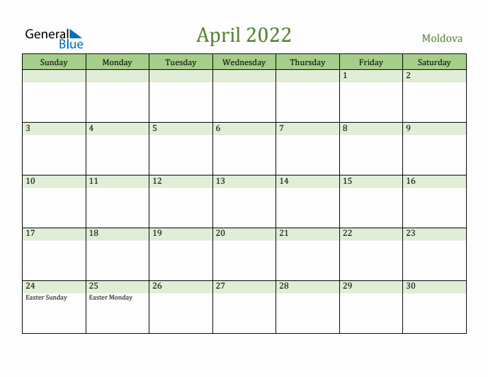 April 2022 Calendar with Moldova Holidays