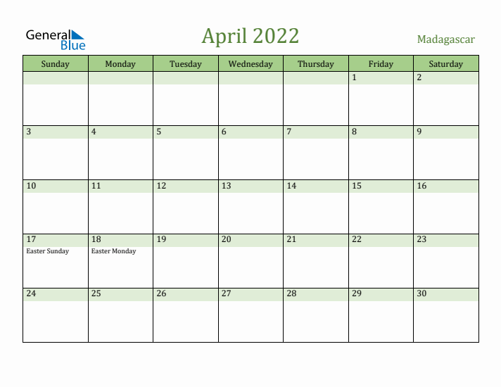 April 2022 Calendar with Madagascar Holidays
