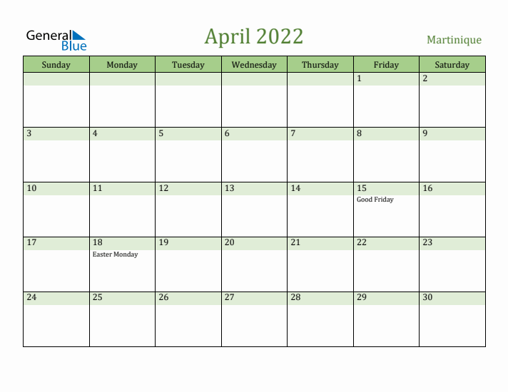 April 2022 Calendar with Martinique Holidays