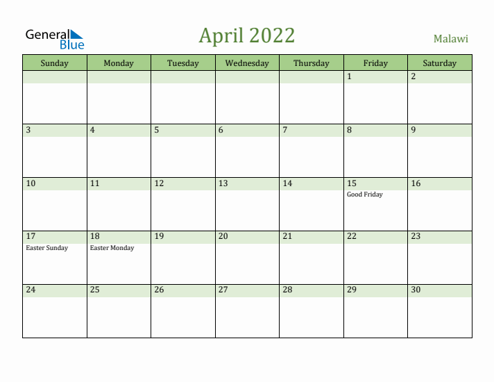 April 2022 Calendar with Malawi Holidays