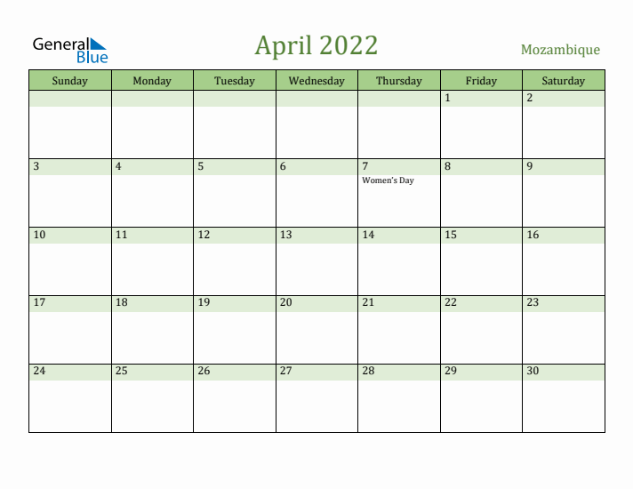 April 2022 Calendar with Mozambique Holidays