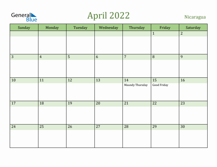 April 2022 Calendar with Nicaragua Holidays