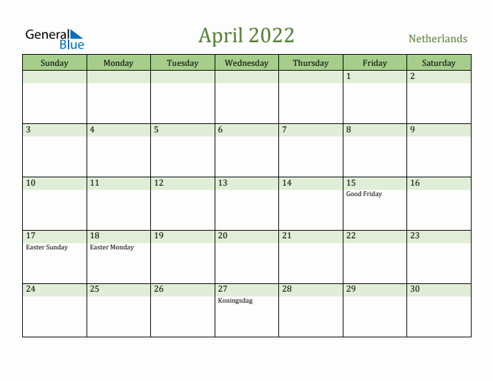 April 2022 Calendar with The Netherlands Holidays