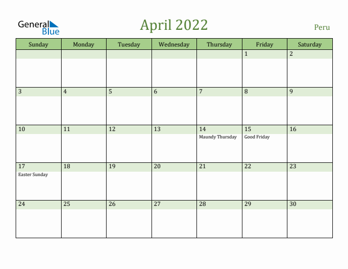 April 2022 Calendar with Peru Holidays