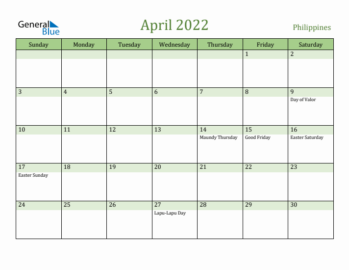 April 2022 Calendar with Philippines Holidays