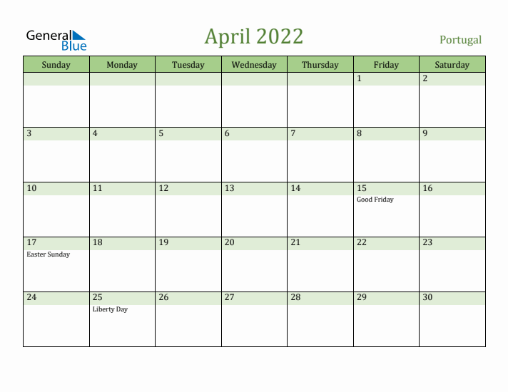 April 2022 Calendar with Portugal Holidays