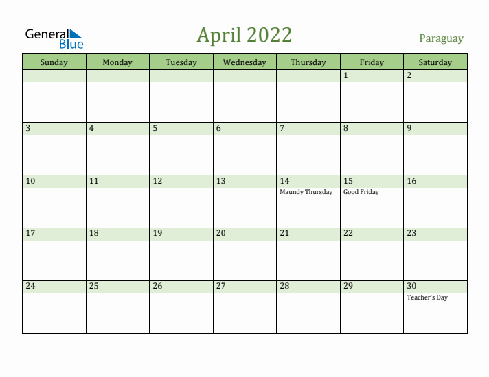 April 2022 Calendar with Paraguay Holidays