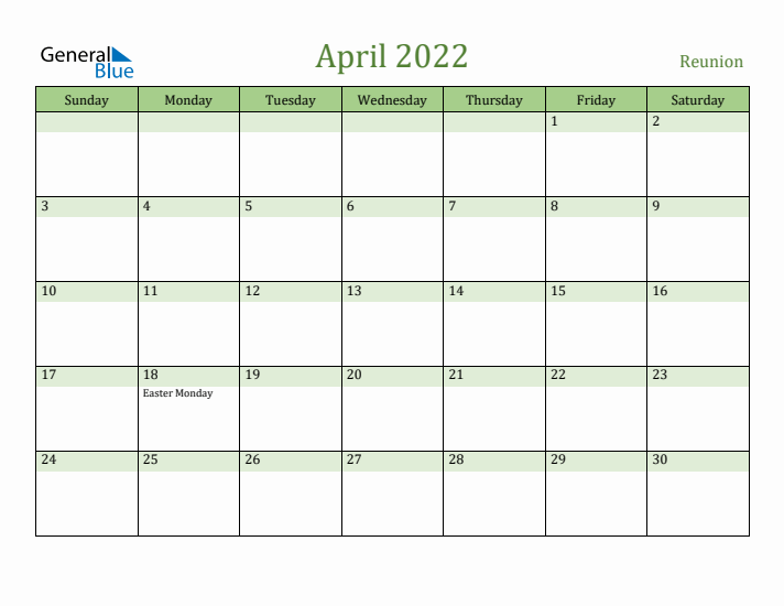 April 2022 Calendar with Reunion Holidays
