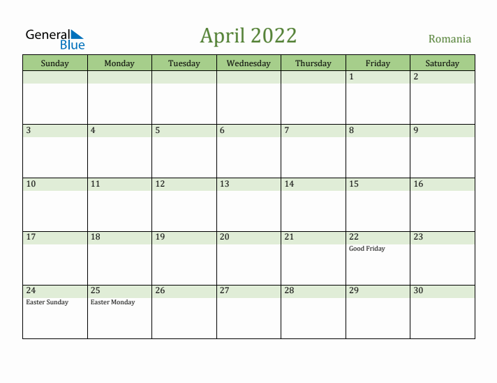 April 2022 Calendar with Romania Holidays