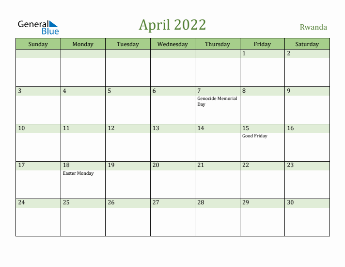 April 2022 Calendar with Rwanda Holidays
