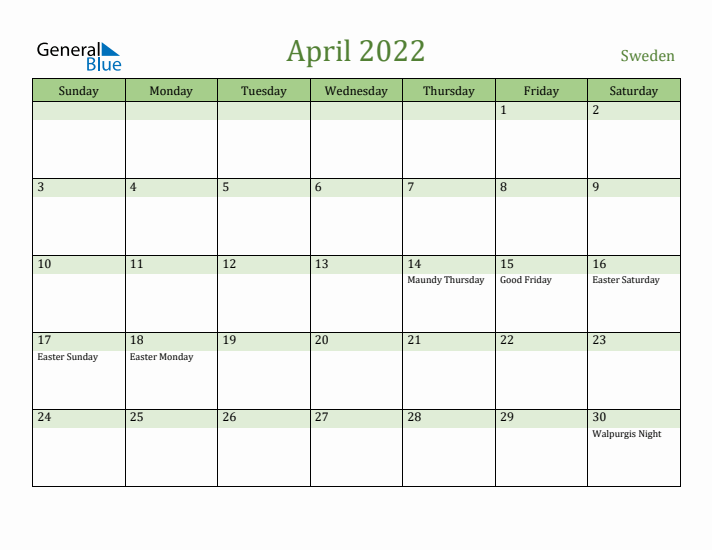 April 2022 Calendar with Sweden Holidays