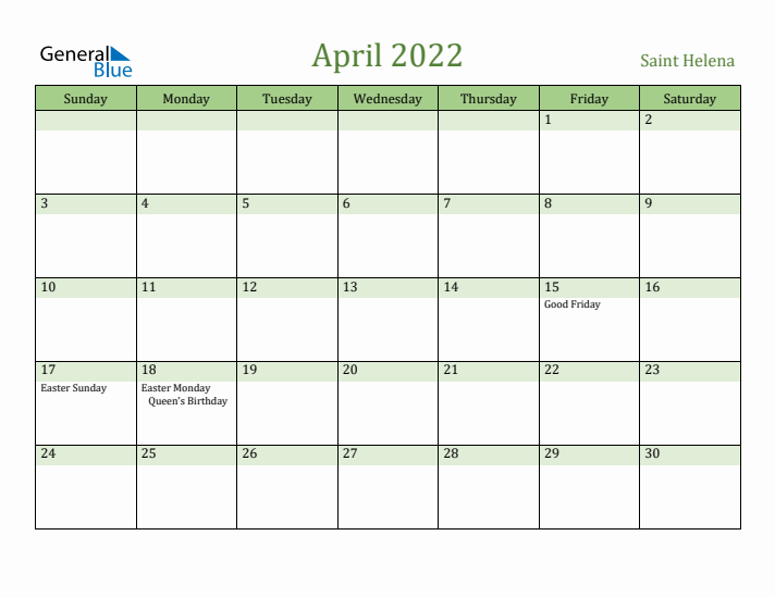 April 2022 Calendar with Saint Helena Holidays
