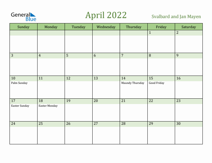 April 2022 Calendar with Svalbard and Jan Mayen Holidays