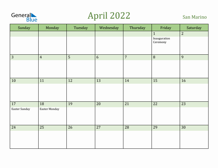 April 2022 Calendar with San Marino Holidays