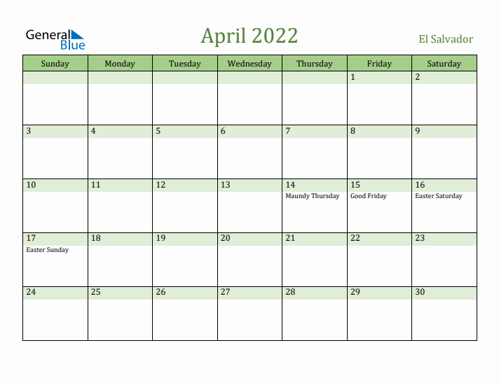 April 2022 Calendar with El Salvador Holidays