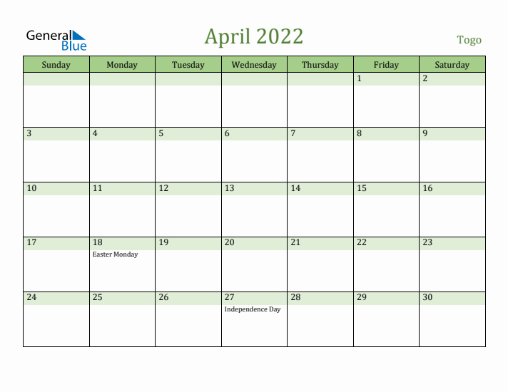 April 2022 Calendar with Togo Holidays