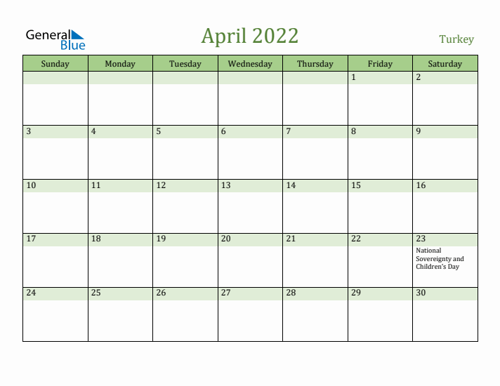 April 2022 Calendar with Turkey Holidays