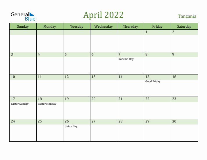 April 2022 Calendar with Tanzania Holidays