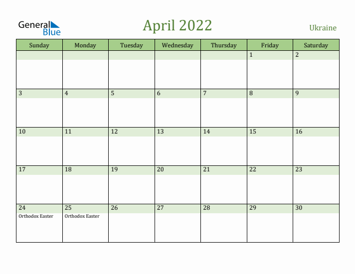 April 2022 Calendar with Ukraine Holidays