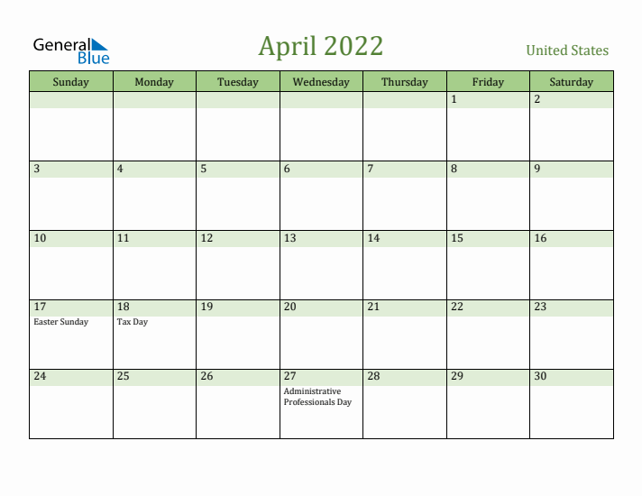 April 2022 Calendar with United States Holidays