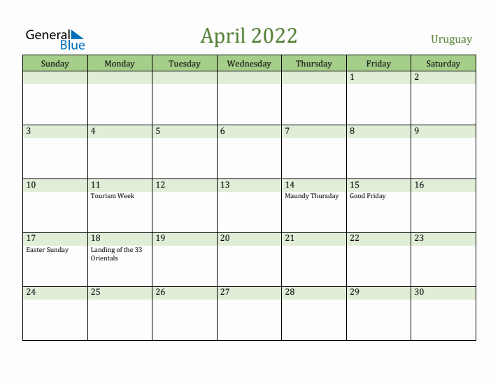April 2022 Calendar with Uruguay Holidays