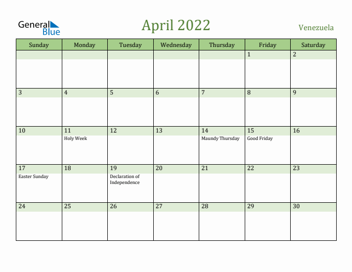 April 2022 Calendar with Venezuela Holidays