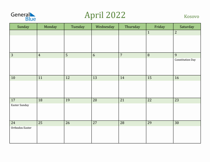 April 2022 Calendar with Kosovo Holidays