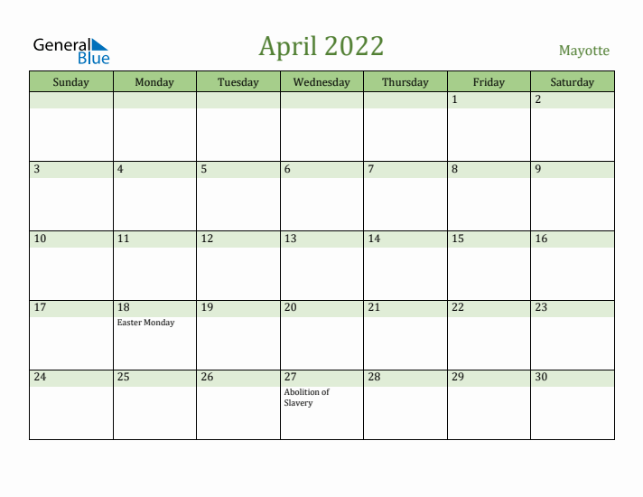 April 2022 Calendar with Mayotte Holidays